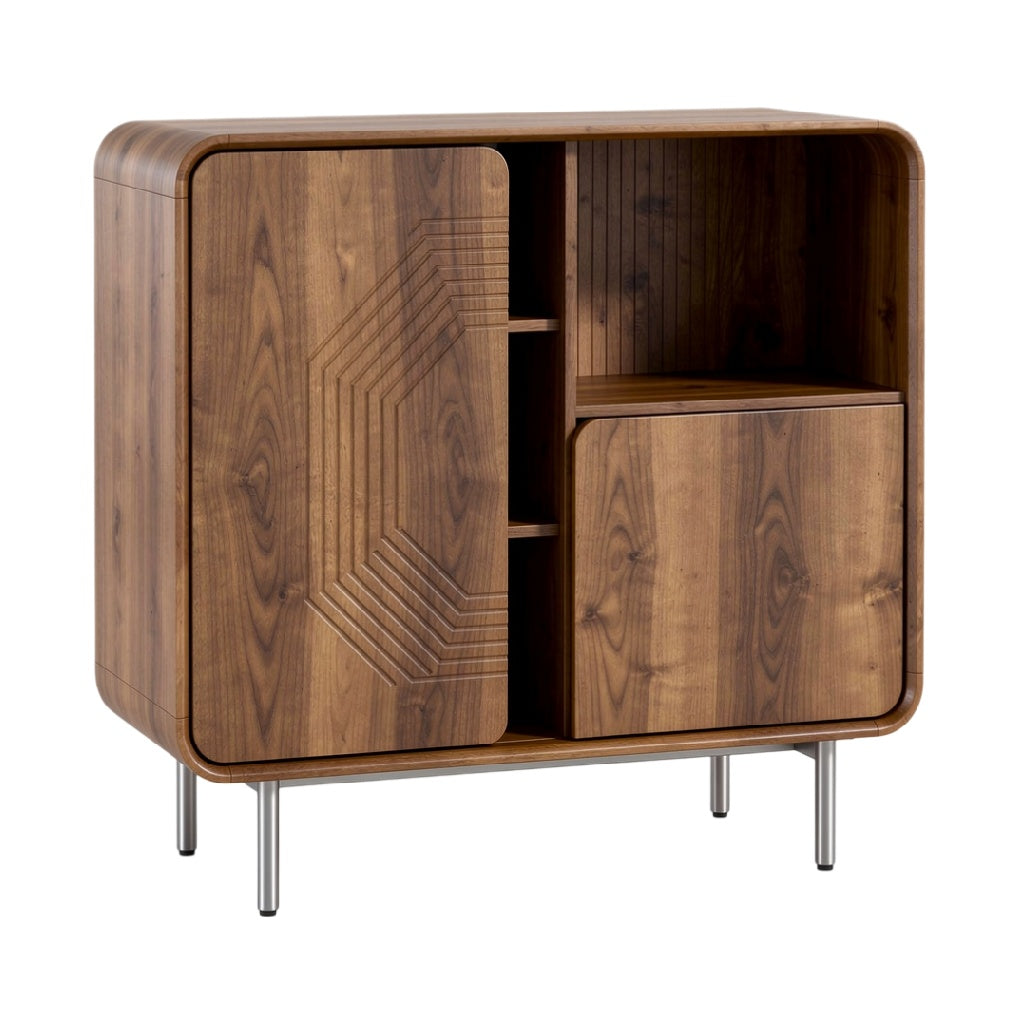 **Buffet en bois avec portes et étagères, design moderne**