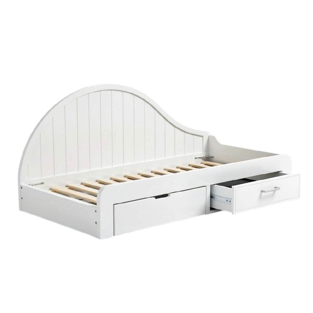 **Lit enfant avec rangement intégré, design épuré et tête de lit arrondie**