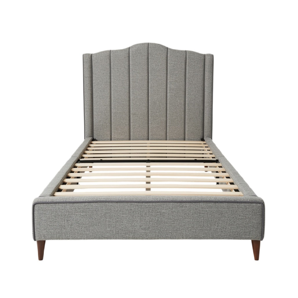 **Titre technique : Lit moderne avec tête de lit en tissu et cadre en bois**